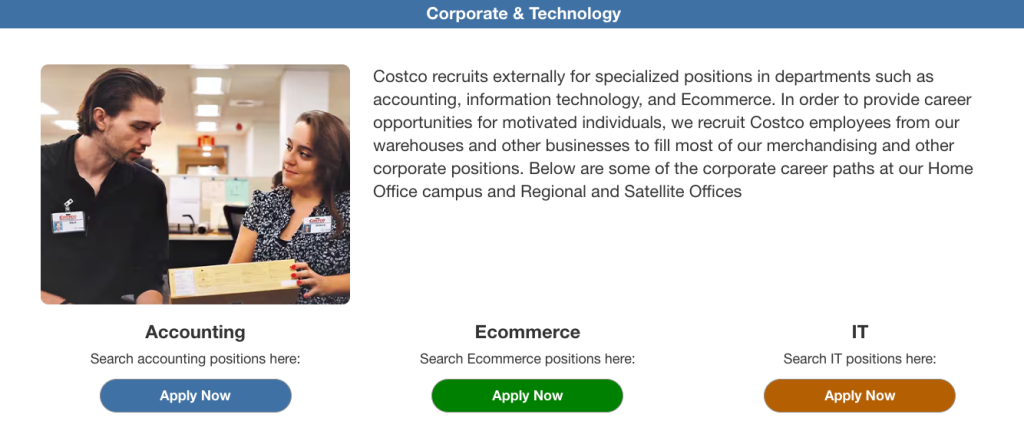 A scene from Costco’s Corporate & Technology division featuring two employees collaborating in a professional office environment. The image is part of a careers section highlighting specialized roles in accounting, ecommerce, and information technology. Beneath the image are 'Apply Now' buttons linking to open positions in each department.